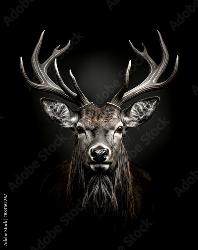 black and white portret of a head of a deer with large antlers