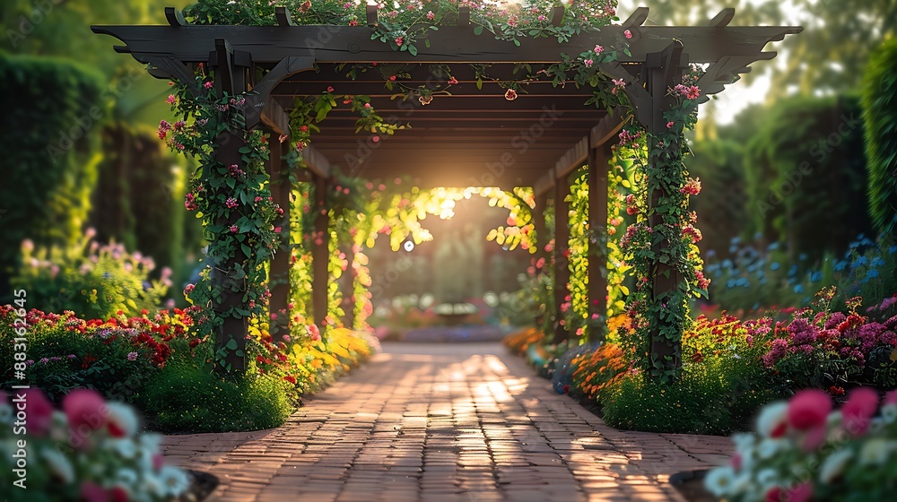 Fototapeta premium A wide-angle view of a garden trellis covered in climbing plants, set in a vibrant garden. The sunlight filters through the leaves,