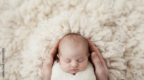 Peaceful newborn baby wrapped in a cozy blanket, cradled by hands, lying on a soft, fluffy surface.