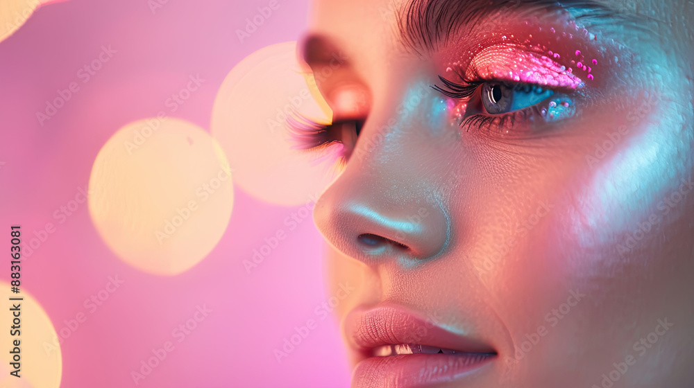 Portrait of a beautiful young woman with glitter makeup on her face. Portrait of a beautiful young woman with glitter makeup on her face.