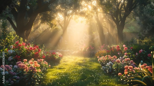 Dawn breaking over a garden, wide-angle shot showing soft sunlight filtering through trees and illuminating flowers and dew-covered plants. The mist adds a mystical touch,