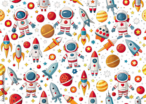 A whimsical seamless pattern featuring astronauts, rockets, and planets, perfect for childrens decor or fabric. Generative AI