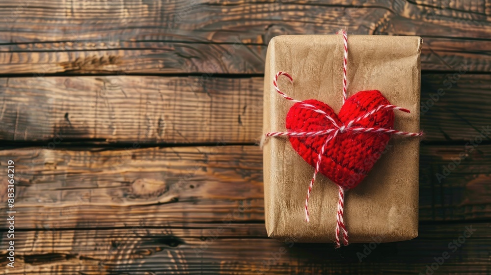Valentine s Day Gift Box with Red Heart on Wood Background Valentine s Day Gift Box with Red Heart on Wood Background
