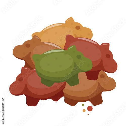 pellets of dry cat food in the shape of piglets, which means that it is a food with a pork taste, for a variety of design, printing or packaging