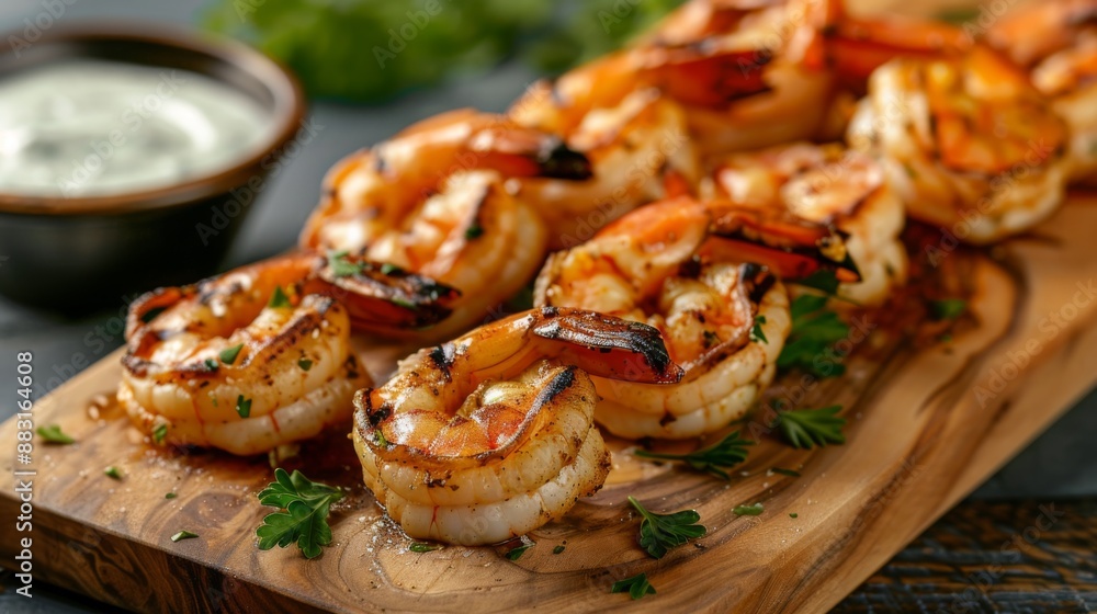 A wooden board with grilled shrimp arranged artistically, garnished with parsley and served with dipping sauce. A wooden board with grilled shrimp arranged artistically, garnished with parsley and served with dipping sauce.