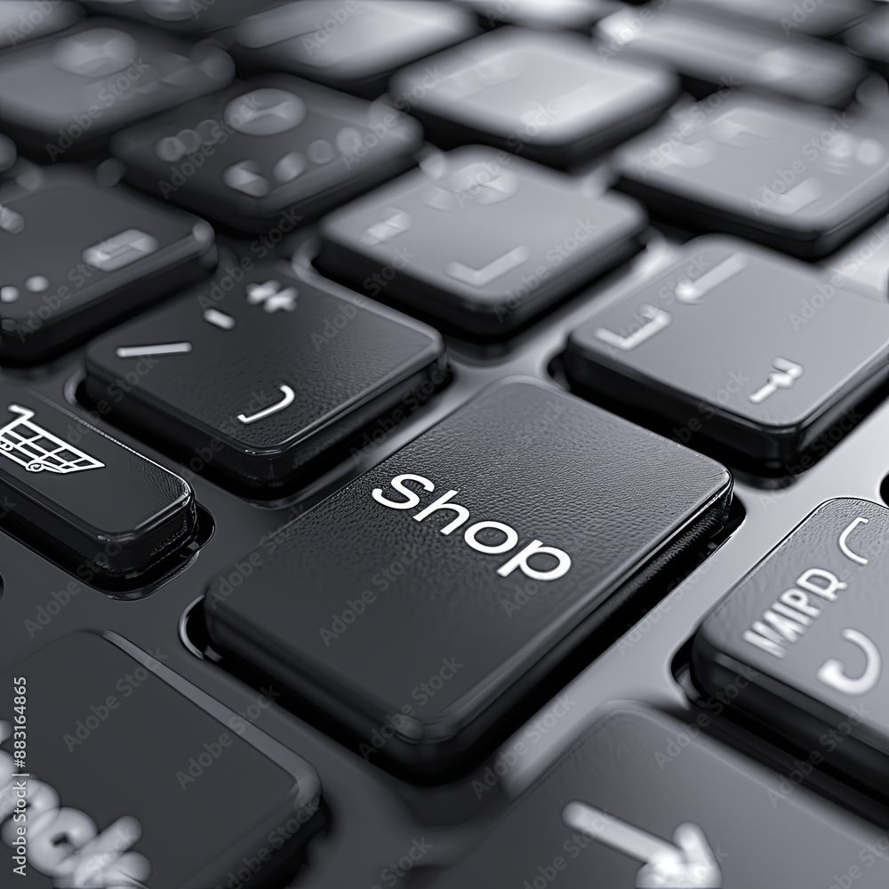 Black Computer Keyboard with Shop Key Online Shopping Concept 3D Render Black Computer Keyboard with Shop Key Online Shopping Concept 3D Render