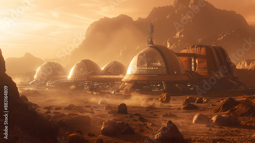 Fototapeta Naklejka Na Ścianę i Meble -  A space city or station with an expedition on the surface of Mars or  unknown planet. AI Generated