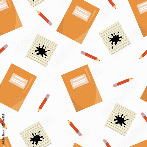 Seamless pattern with notebook, pencil, paper with ink splash. School supply, textbook, education. Vector simple design