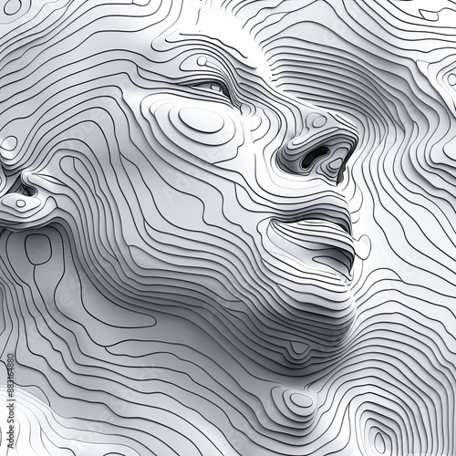 3D Render Digital Art Topography Lines Contour Map Human Face Portrait Abstract Background White Black Minimalist Lines Waves Futuristic Modern Design Wallpaper