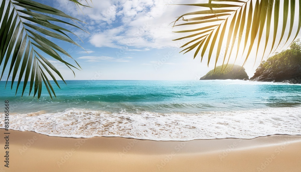 beach with palm trees. Paradise with ocean and palm leaves beach with palm trees. Paradise with ocean and palm leaves