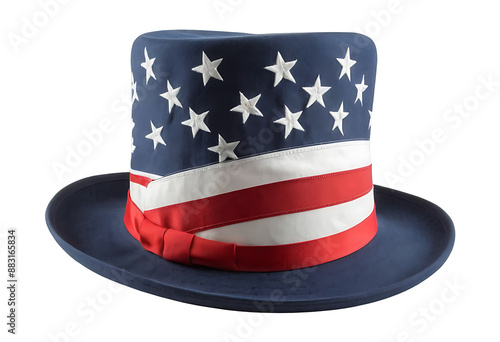 A patriotic top hat with a blue base, white stars, and red and white stripes, reminiscent of the American flag. Perfect for celebrating the 4th of July, Memorial Day, or political events.