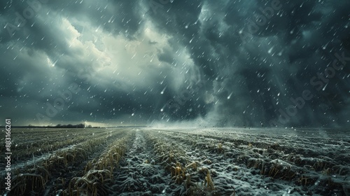 a hailstorm hitting a rural landscape