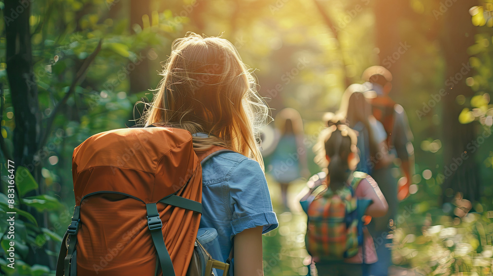 Scene is peaceful and adventurous, as the group is enjoying a hike in nature Scene is peaceful and adventurous, as the group is enjoying a hike in nature