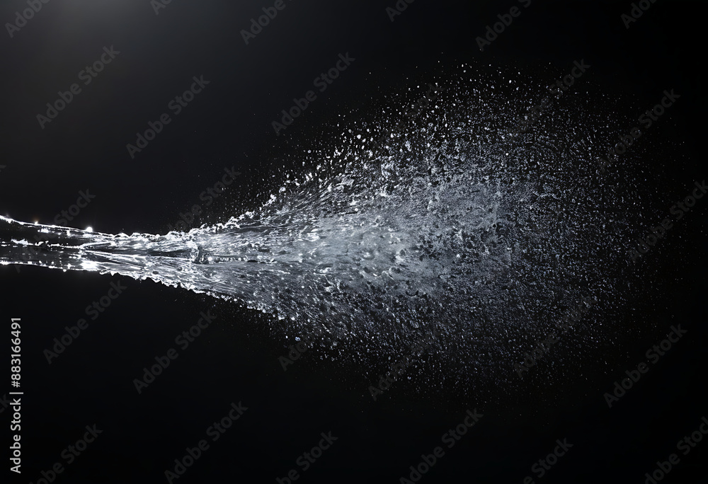 A jet of water spraying against a black background, creating a misty effect. Ideal for showcasing cleaning products, water conservation, or refreshing concepts.