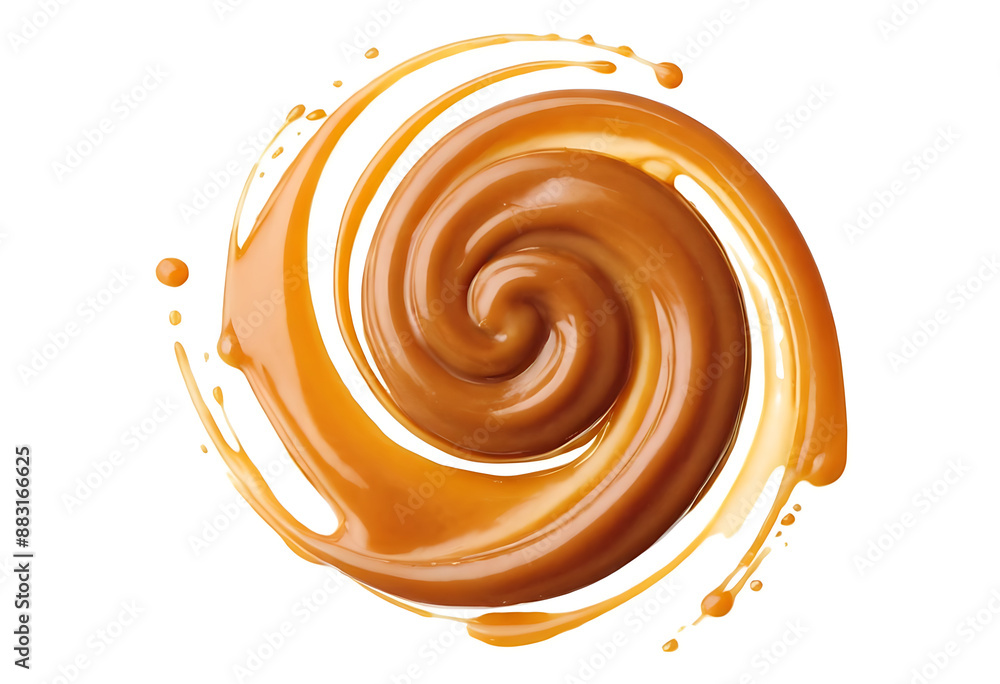 A swirling vortex of golden caramel sauce on a white background. Perfect for food, dessert, or confectionery-related content. A swirling vortex of golden caramel sauce on a white background. Perfect for food, dessert, or confectionery-related content.