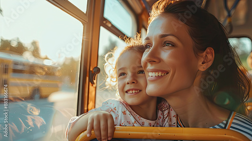 Mother and daughter go to school on the bus