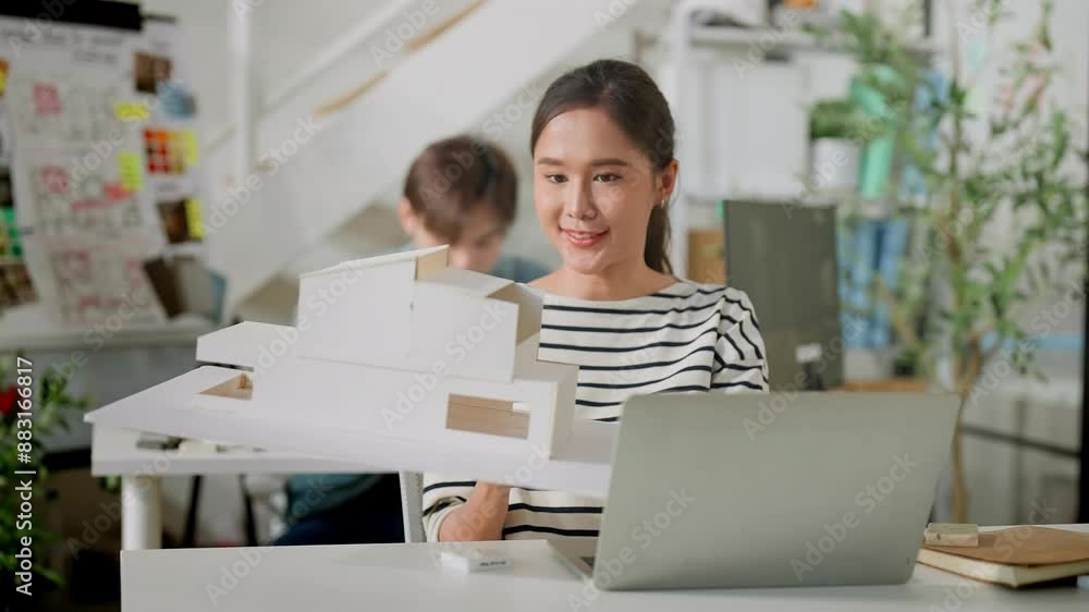 attractive smart female interior architect designer working design ...