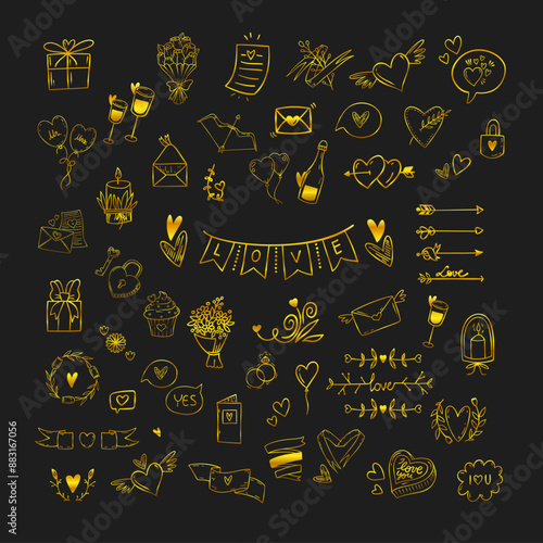 MEGA set of  Golden Vector Doodle Valentine's Day element collection. handraw sketches, Scribbles ink, heart, ribbon, speech, info, summer travel, party, music, sport, wedding eps10 Vector love clip photo