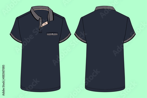 mens short sleeve black colour jacquard collar pique polo shirt fashion illustration flat sketch vector.