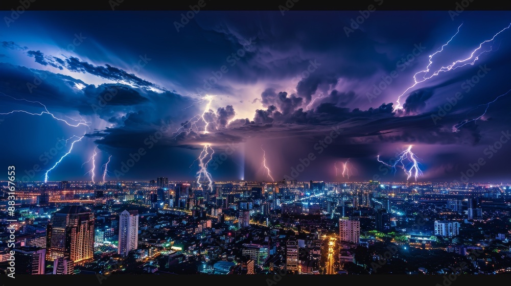 Fototapeta premium a thunderstorm over a cityscape at nigh