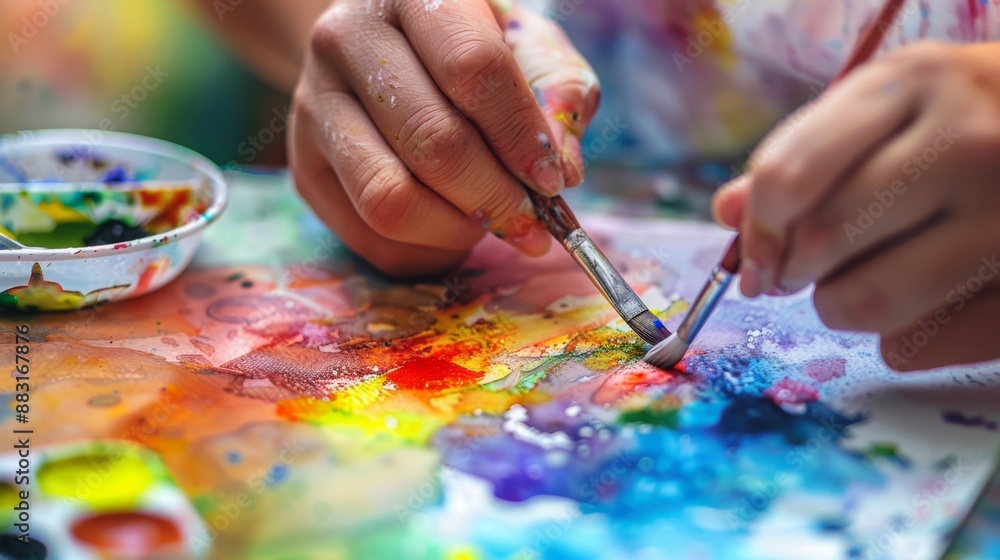 Close-up of hands using watercolors to paint vibrant abstract patterns on textured paper.