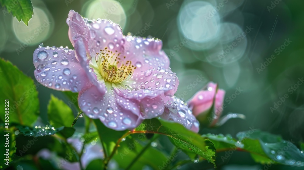 Close-up of raindrops on the petals of a wild rose blooming in a forest clearing, with soft natural light. Close-up of raindrops on the petals of a wild rose blooming in a forest clearing, with soft natural light.