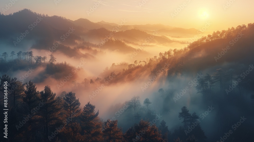 Fototapeta premium a dense fog rolling over a mountain valley at dawn