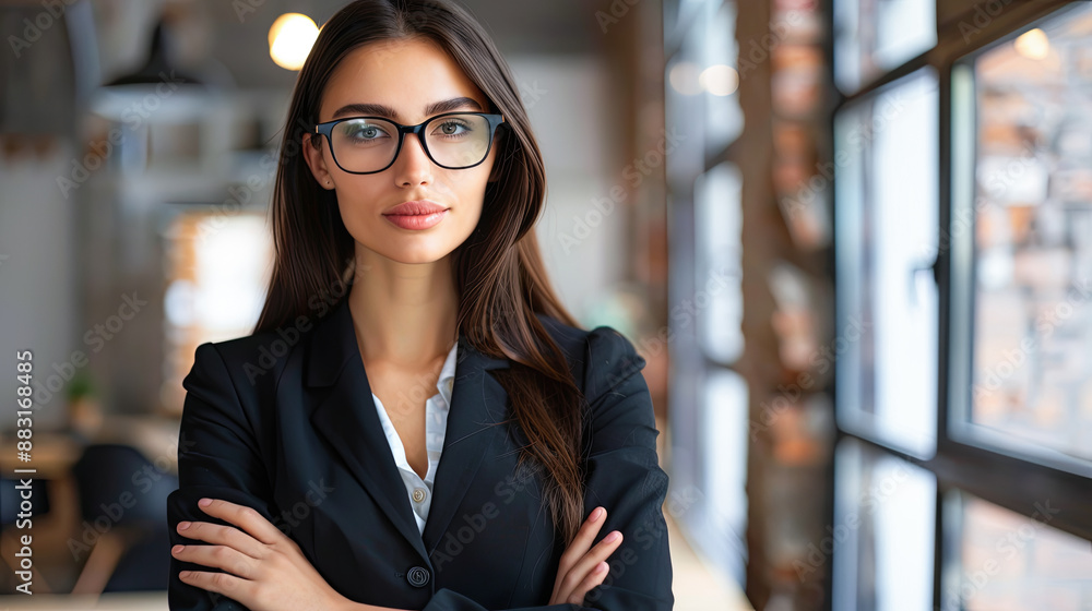 Confident Young Businesswoman Wearing Glasses with Arms Crossed in Modern Office Space Portrait Confident Young Businesswoman Wearing Glasses with Arms Crossed in Modern Office Space Portrait