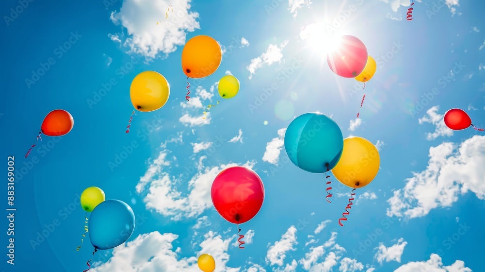 colorful helium balloons floating against blue sky joyful celebration background colorful helium balloons floating against blue sky joyful celebration background