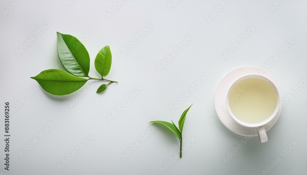White flatlay background with fresh green tea leaves, cup of tea and copyspace. White flatlay background with fresh green tea leaves, cup of tea and copyspace.