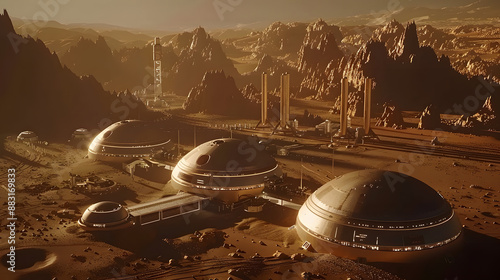 Fototapeta Naklejka Na Ścianę i Meble -  A space city or station with an expedition on the surface of Mars or  unknown planet. AI Generated