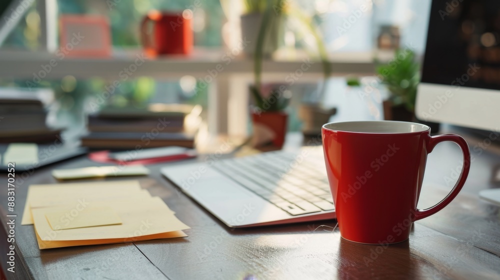 Red Mug on Wooden Desk with Blurred Background. Red Mug on Wooden Desk with Blurred Background.