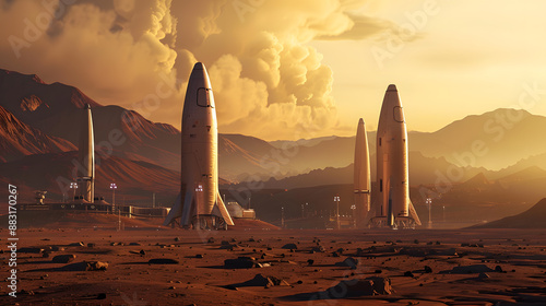 Fototapeta Naklejka Na Ścianę i Meble -  A space city or station with an expedition on the surface of Mars or  unknown planet. AI Generated