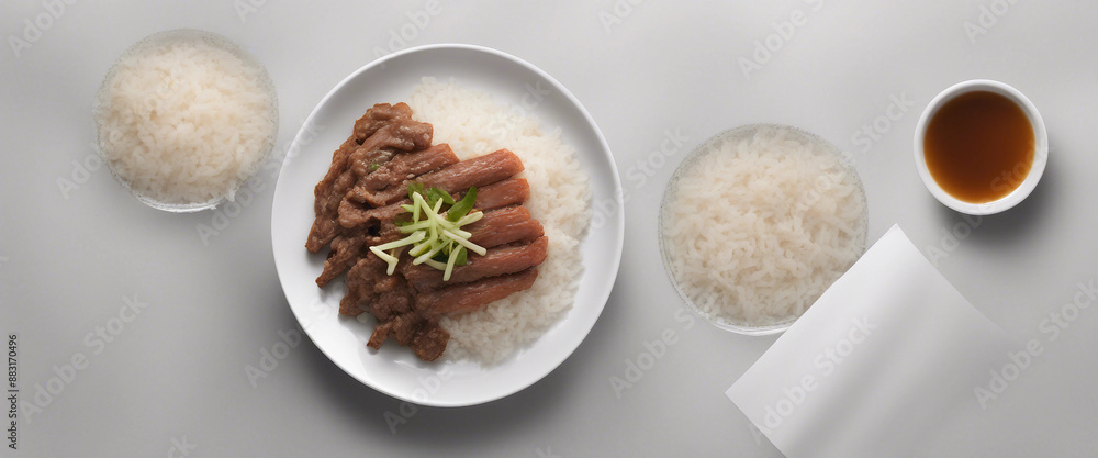Plates with rice and beef isolated on transparent background top view Plates with rice and beef isolated on transparent background top view