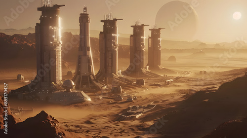 Fototapeta Naklejka Na Ścianę i Meble -  A space city or station with an expedition on the surface of Mars or  unknown planet. AI Generated