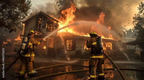 Firefighters in full gear battling a house fire, spraying water from hoses to extinguish flames.