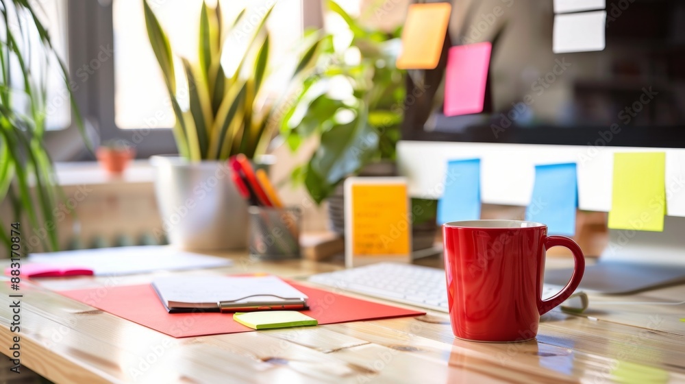 Red Mug on Wooden Desk with Office Supplies. Red Mug on Wooden Desk with Office Supplies.