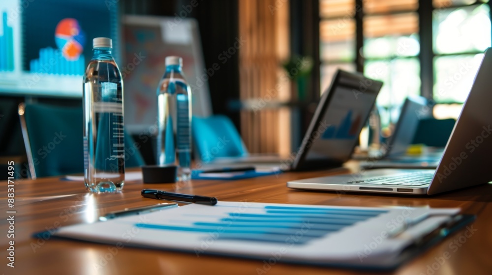 Naklejka premium Water bottles on a conference table with a laptop and a graph.