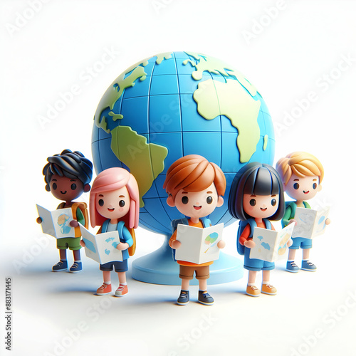 3D Flat Icon: Kids with Maps and Floating School Globe for Global Learning and Back to School Isolated White Background