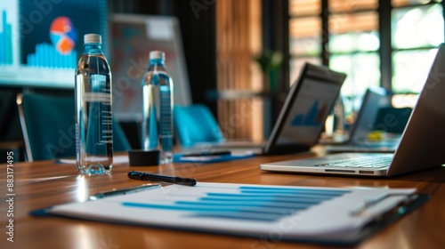 Wallpaper Mural Water bottles on a conference table with a laptop and a graph. Torontodigital.ca