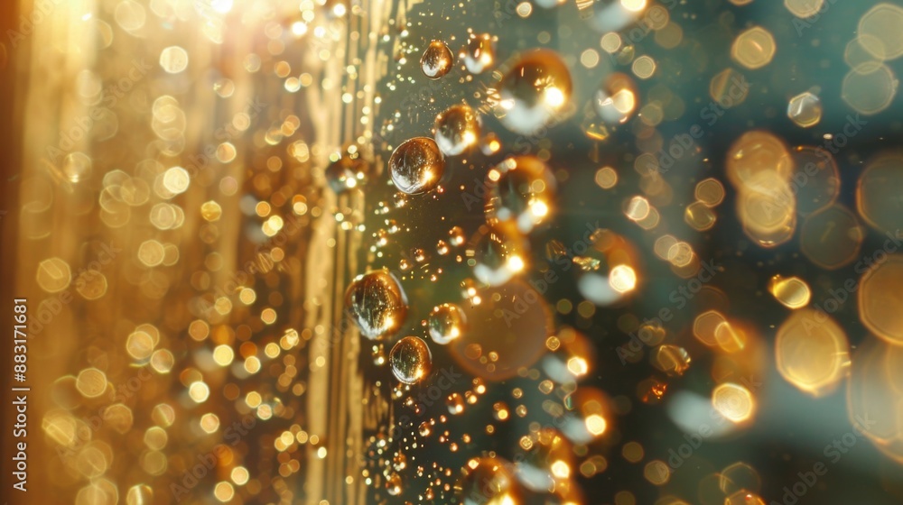 Macro shot of water droplets on a windowpane, refracting sunlight and creating a prism effect indoors. Macro shot of water droplets on a windowpane, refracting sunlight and creating a prism effect indoors.