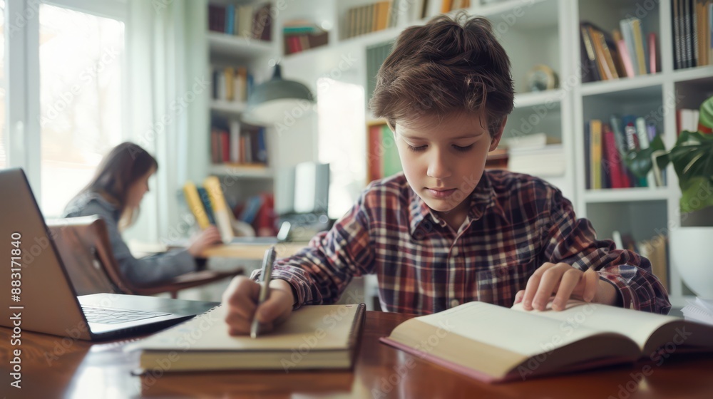 Child doing homework at his desk at home, with laptop and books, parent helping in the background. Perfect for home education and learning support materials Child doing homework at his desk at home, with laptop and books, parent helping in the background. Perfect for home education and learning support materials