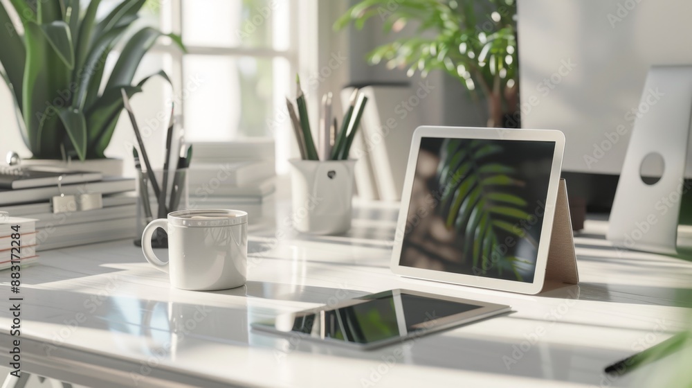 White Office Desk with Tablet, Coffee Cup and Pencils. White Office Desk with Tablet, Coffee Cup and Pencils.