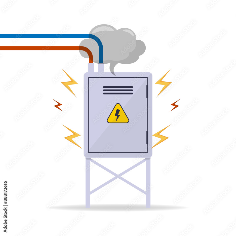 Damaged Switchboard. Electrical wires in box. Cartoon flat illustration. Fuse and electrical engineering.