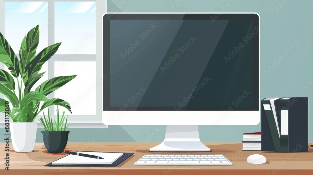 Modern Workplace Desk with Computer and Plants. Modern Workplace Desk with Computer and Plants.