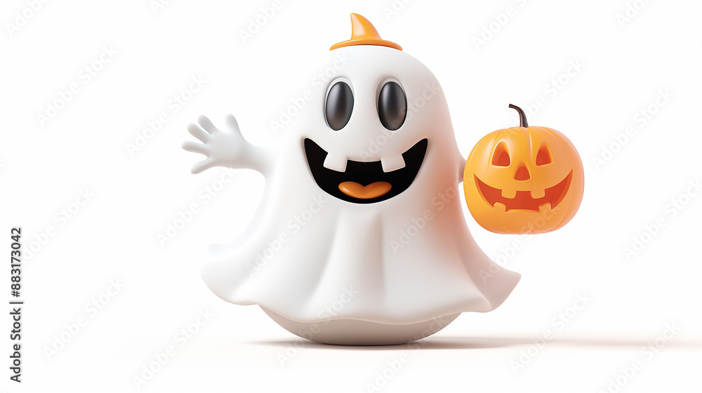 Happy Halloween. Cute Ghost Holding a Pumpkin Happy Halloween. Cute Ghost Holding a Pumpkin