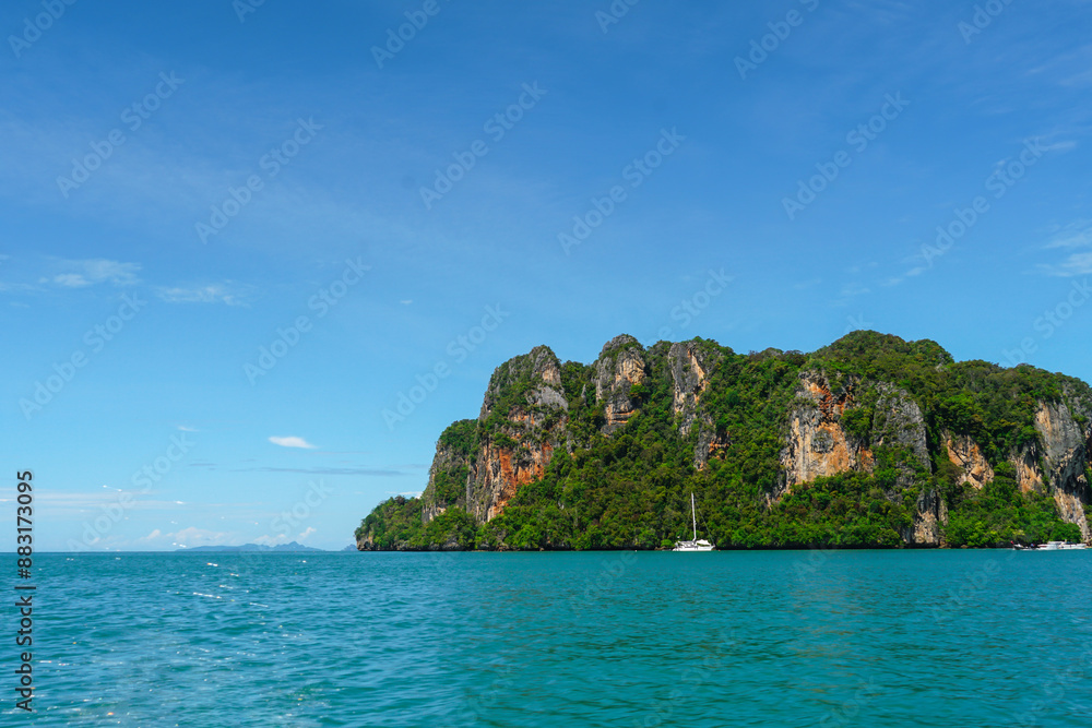 Railay Beach Krabi Thailand, the tropical beach of Railay, Panoramic view of idyllic Railay Beach on a sunny day. Summer beach tropical landscape Thailand island scenic background. Railay Beach Krabi Thailand, the tropical beach of Railay, Panoramic view of idyllic Railay Beach on a sunny day. Summer beach tropical landscape Thailand island scenic background.