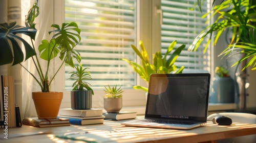 Laptop on a desk with plants and books by the window.