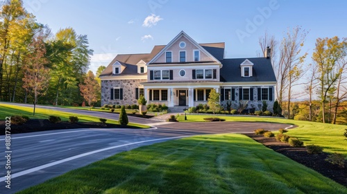 Wallpaper Mural Suburban Colonial home with a freshly paved driveway, leading up to a grand entrance Torontodigital.ca