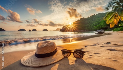 ParadiseParadise. Paradise. Paradise. Summer vacation background with lots of space, tropical beach with sunbathing accessories hat and glasses photo